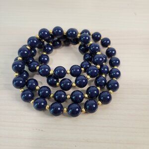 Vintage 80's 90's Acrylic Navy Blue & Gold Bead 30" Clasp Necklace EUC Pinup